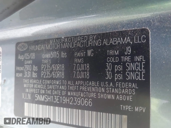 2009 Hyundai Santa Fe SE с VIN 5NMSH13E19H239066, выставлен на аукционе IAAI как лот 42218941 с пробегом 127 640 миль миль и . История ставок и продаж доступна на DreamBid. Изображение 9.