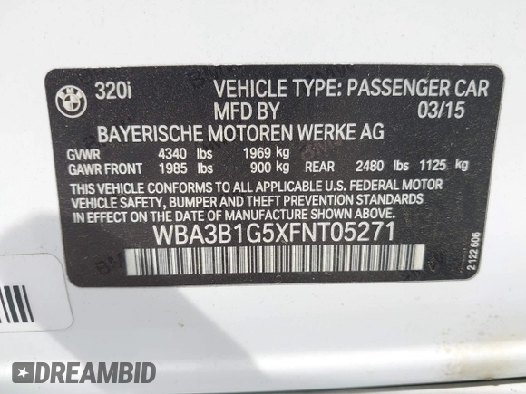 2015 BMW 3 Series 320i с VIN WBA3B1G5XFNT05271, выставлен на аукционе IAAI как лот 42049799 с пробегом 125 437 миль миль и . История ставок и продаж доступна на DreamBid. Изображение 9.