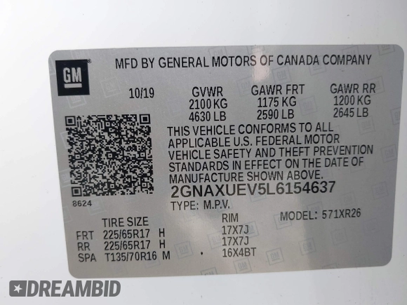 2020 Chevrolet Equinox LT with VIN 2GNAXUEV5L6154637, listed as a IAAI auction lot 41056532 with 78,380 mi miles. Bid and sale history available at carsss.com. Image 9.