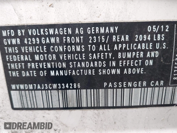 2012 Volkswagen Golf TDI with VIN WVWDM7AJ3CW334286, listed as a IAAI auction lot 41928099 with 173,426 mi miles and . Bid and sale history available at DreamBid. Image 9.