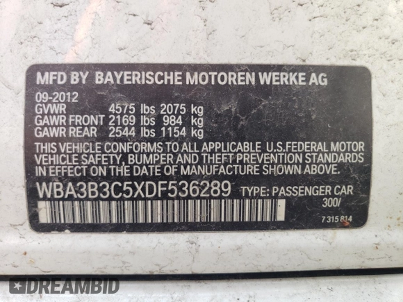 2013 BMW 3 Series 328i xDrive z VIN WBA3B3C5XDF536289, wystawiony jako Copart lot #55786625 z przebiegiem 84 299 mil mil oraz Szkoda całkowita • Salvage title. Historia ofert i sprzedaży dostępna na DreamBid. Obrazek 12.