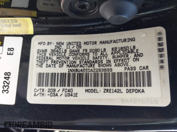 2010 Toyota Corolla z VIN 1NXBU4EE0AZ283899, wystawiony jako IAAI lot #42264821 z przebiegiem 192 880 mil mil oraz . Historia ofert i sprzedaży dostępna na DreamBid. Obrazek 9.