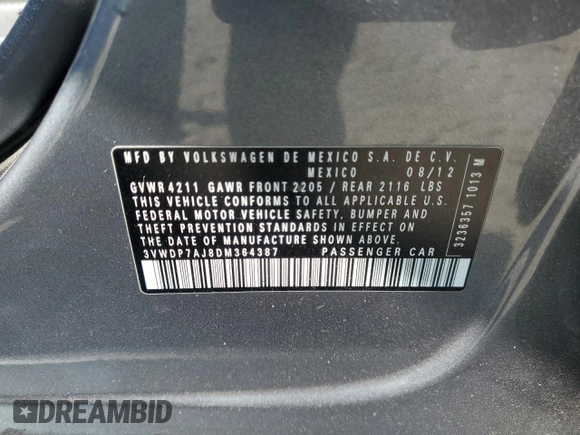 2013 Volkswagen Jetta SE z VIN 3VWDP7AJ8DM364387, wystawiony jako Copart lot #58773075 z przebiegiem 188 116 mil mil oraz Szkoda całkowita • Salvage title. Historia ofert i sprzedaży dostępna na DreamBid. Obrazek 12.