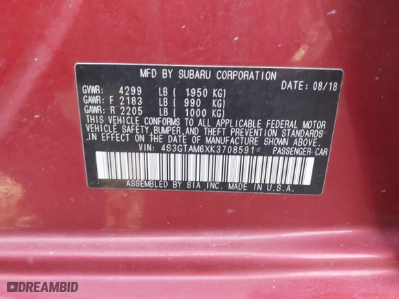 2019 Subaru Impreza Sport with VIN 4S3GTAM6XK3708591, listed as a IAAI auction lot 41694811 with 47,000 mi miles. Bid and sale history available at carsss.com. Image 9.