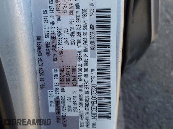 2020 Mazda CX-9 Grand Touring with VIN JM3TCBDY6L0403220, listed as a Copart auction lot 49156675 with 112,290 mi miles and Salvage title. Bid and sale history available at DreamBid. Image 15.