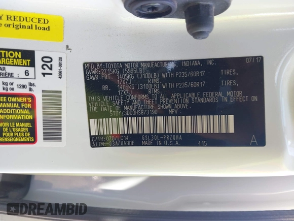 2017 Toyota Sienna XLE Auto Access Seat with VIN 5TDYZ3DC0HS873190, listed as a IAAI auction lot 41977914 with 114,715 mi miles and . Bid and sale history available at DreamBid. Image 9.