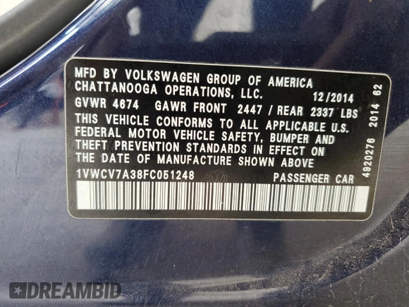 2015 Volkswagen Passat SEL Premium z VIN 1VWCV7A38FC051248, wystawiony jako Copart lot #57019325 z przebiegiem 170 012 mil mil oraz Nie do naprawy • Non repairable. Historia ofert i sprzedaży dostępna na DreamBid. Obrazek 12.