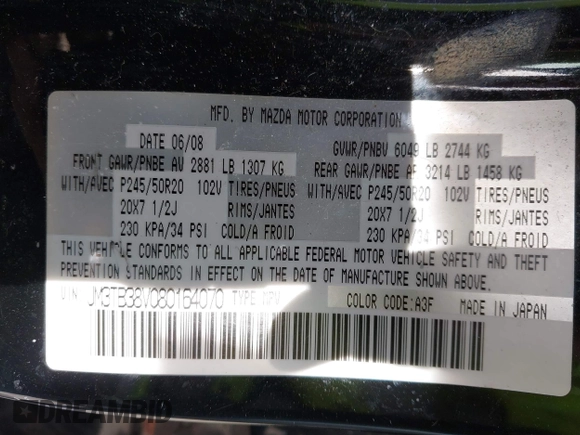 2008 Mazda CX-9 Sport with VIN JM3TB38V080164070, listed as a IAAI auction lot 41762121 with 112,400 mi miles. Bid and sale history available at carsss.com. Image 9.