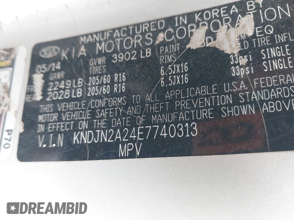 2014 Kia Soul with VIN KNDJN2A24E7740313, listed as a IAAI auction lot 41940893 with 128,708 mi miles and . Bid and sale history available at DreamBid. Image 9.