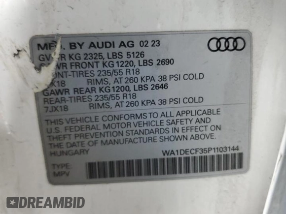 2023 Audi Q3 S line Premium with VIN WA1DECF35P1103144, listed as a Copart auction lot 55623225 with 41,088 mi miles and Clean title. Bid and sale history available at DreamBid. Image 13.
