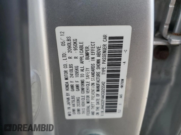 2012 Acura TSX with VIN JH4CU2F44CC025542, listed as a Copart auction lot 53869675 with 173,365 mi miles and Clean Title. Bid and sale history available at carsss.com. Image 12.