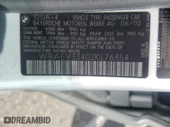 2002 BMW 3 Series 325i with VIN WBAEV33402KL76354, listed as a Copart auction lot 48049005 with 75,532 mi miles and Salvage Title. Bid and sale history available at carsss.com. Image 12.