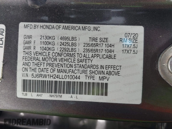 2020 Honda CR-V LX with VIN 5J6RW1H24LL010044, listed as a IAAI auction lot 41859812 with 49,422 mi miles and . Bid and sale history available at DreamBid. Image 9.