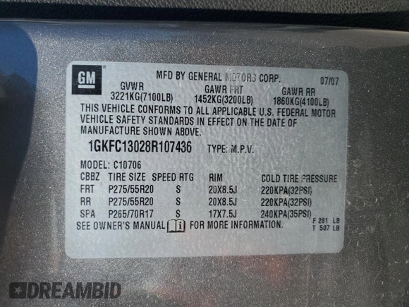 2008 GMC Yukon SLT w/4SB with VIN 1GKFC13028R107436, listed as a Copart auction lot 73807804 with 185,017 mi miles and Salvage Title. Bid and sale history available at carsss.com. Image 13.