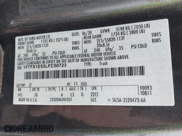 2020 Ford F-150 XL with VIN 1FTFX1E53LFC50723, listed as a IAAI auction lot 41469435 with 68,857 mi miles. Bid and sale history available at carsss.com. Image 9.