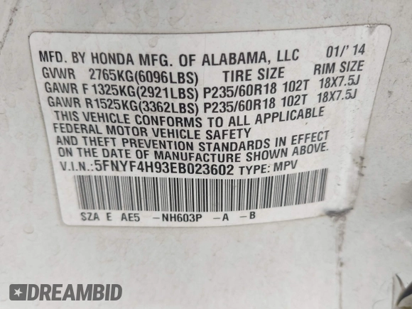 2014 Honda Pilot Touring with VIN 5FNYF4H93EB023602, listed as a IAAI auction lot 41909653 with 162,118 mi miles and . Bid and sale history available at carsss.com. Image 9.