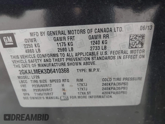 2013 GMC Terrain SLE with VIN 2GKALMEK3D6410368, listed as a IAAI auction lot 42330639 with 106,466 mi miles and . Bid and sale history available at DreamBid. Image 9.