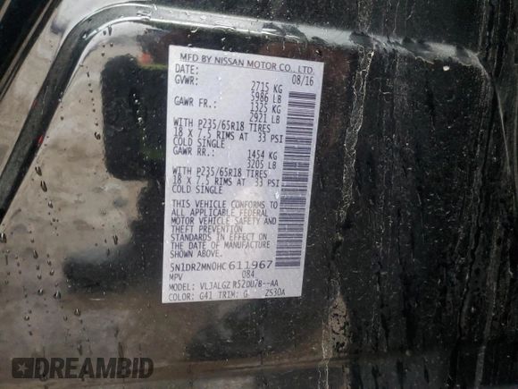 2017 Nissan Pathfinder S with VIN 5N1DR2MN0HC611967, listed as a Copart auction lot 47572445 with 145,249 mi miles and Salvage Title. Bid and sale history available at DreamBid. Image 13.
