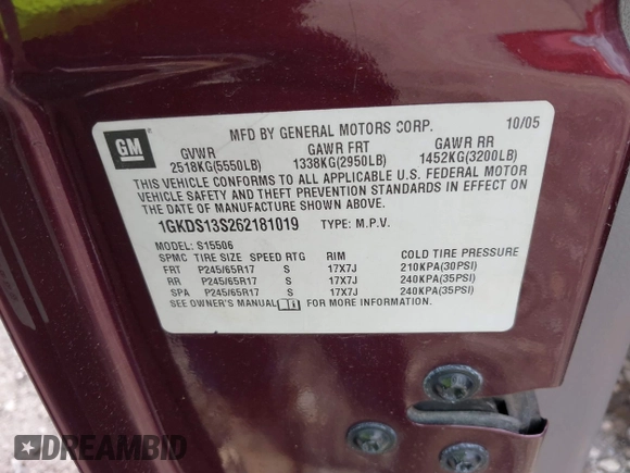2006 GMC Envoy SLT with VIN 1GKDS13S262181019, listed as a IAAI auction lot 40130930 with 190,525 mi miles. Bid and sale history available at carsss.com. Image 9.