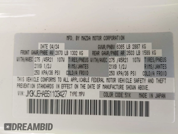 2025 Mazda CX-70 Premium Plus with VIN JM3KJEHA6S1103427, listed as a IAAI auction lot 42108563 with 3,741 mi miles and . Bid and sale history available at DreamBid. Image 9.