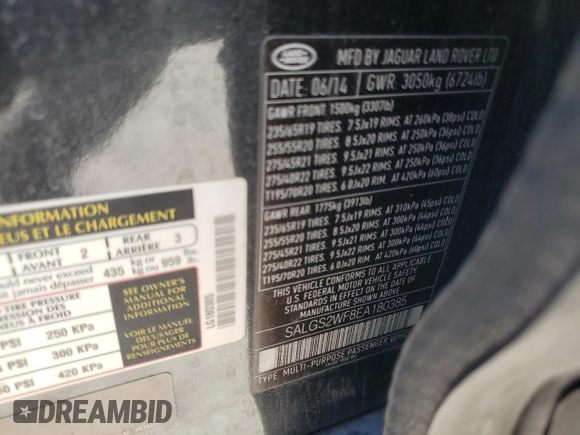 2014 Land Rover Range Rover HSE with VIN SALGS2WF8EA180385, listed as a Copart auction lot 46715155 with 122,293 mi miles and Clean Title. Bid and sale history available at DreamBid. Image 13.