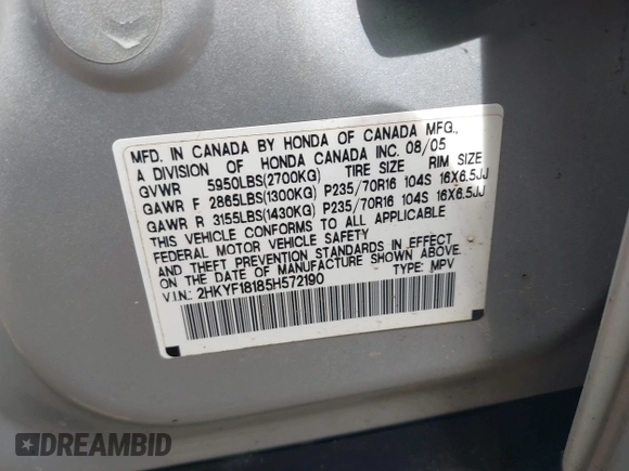 2005 Honda Pilot LX with VIN 2HKYF18185H572190, listed as a IAAI auction lot 42135127 with 201,768 mi miles. Bid and sale history available at carsss.com. Image 9.