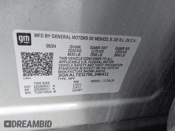 2024 GMC Terrain SLE with VIN 3GKALTEG7RL346411, listed as a IAAI auction lot 42338008 with 18,281 mi miles and . Bid and sale history available at DreamBid. Image 9.