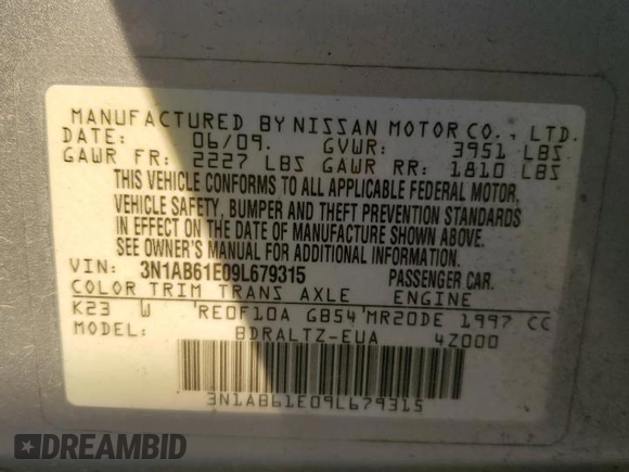 2009 Nissan Sentra FE+ with VIN 3N1AB61E09L679315, listed as a Copart auction lot 42137805 with Not Provided miles and Salvage Title. Bid and sale history available at DreamBid. Image 12.