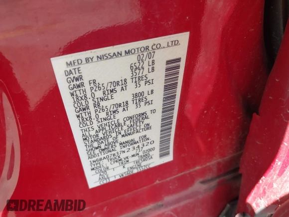 2007 Nissan Titan LE with VIN 1N6BA07B37N234320, listed as a IAAI auction lot 41912632 with 186,035 mi miles. Bid and sale history available at carsss.com. Image 9.