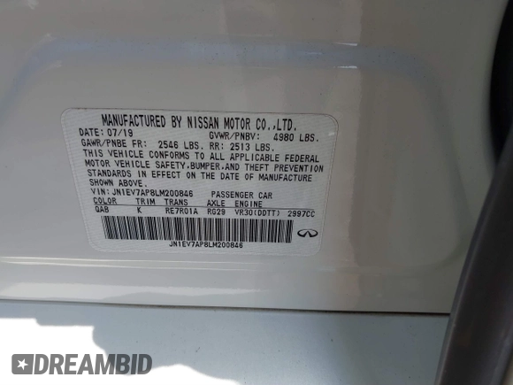 2020 Infiniti Q50 Luxe with VIN JN1EV7AP8LM200846, listed as a IAAI auction lot 41561135 with 45,569 mi miles and . Bid and sale history available at DreamBid. Image 9.