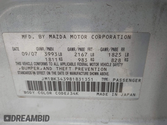 2008 Mazda Mazda3 s Sport with VIN JM1BK343981831351, listed as a IAAI auction lot 41284296 with 209,268 mi miles. Bid and sale history available at carsss.com. Image 9.