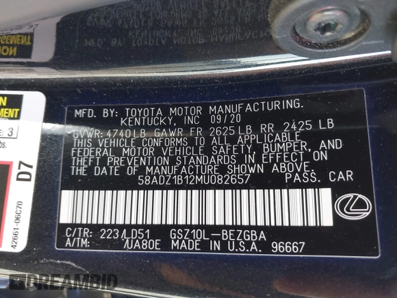 2021 Lexus ES 350 with VIN 58ADZ1B12MU082657, listed as a IAAI auction lot 42044566 with 54,383 mi miles and . Bid and sale history available at DreamBid. Image 9.
