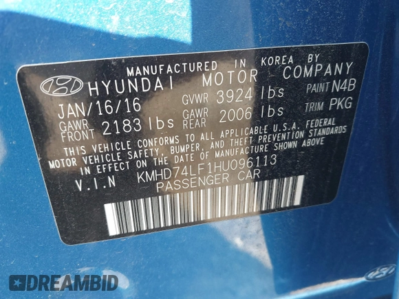 2017 Hyundai Elantra SE with VIN KMHD74LF1HU096113, listed as a IAAI auction lot 42378011 with Not provided miles and . Bid and sale history available at DreamBid. Image 9.
