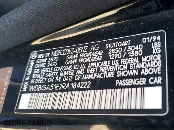1994 Mercedes-Benz S with VIN WDBGA51E2RA184222, listed as a Copart auction lot 77403664 with 109,428 mi miles and Salvage Title. Bid and sale history available at DreamBid. Image 13.