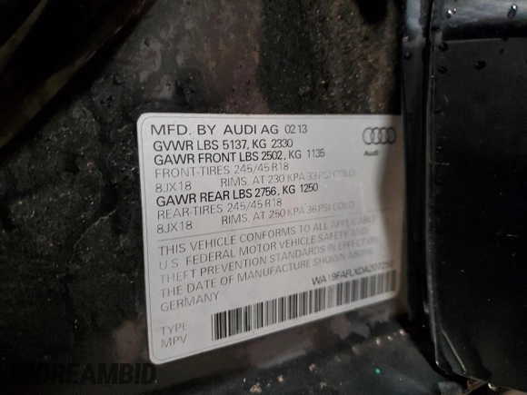 2013 Audi allroad A4 Premium z VIN WA19FAFLXDA207292, wystawiony jako Copart lot #83976504 z przebiegiem 104 040 mil mil oraz Szkoda całkowita • Salvage title. Historia ofert i sprzedaży dostępna na DreamBid. Obrazek 12.