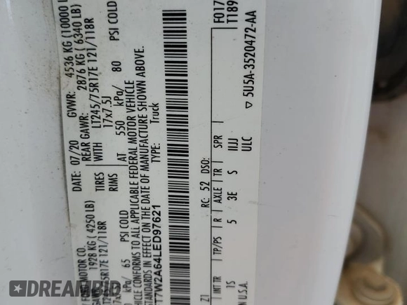 2020 Ford F-250 XL z VIN 1FT7W2A64LED97621, wystawiony jako Copart lot #58361504 z przebiegiem Nie podano mil oraz Szkoda całkowita • Salvage title. Historia ofert i sprzedaży dostępna na DreamBid. Obrazek 12.