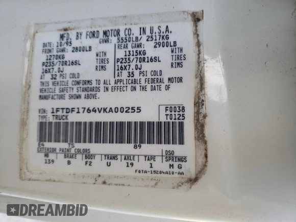 1997 Ford F-150 with VIN 1FTDF1764VKA00255, listed as a Copart auction lot 48778815 with 272,332 mi miles and Salvage title. Bid and sale history available at DreamBid. Image 12.