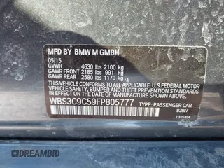 2015 BMW M3 with VIN WBS3C9C59FP805777, listed as a IAAI auction lot 41732607 with 118,556 mi miles and . Bid and sale history available at DreamBid. Image 9.