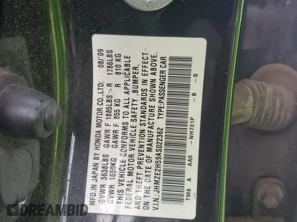 2010 Honda Insight LX with VIN JHMZE2H59AS022362, listed as a Copart auction lot 59442435 with 161,009 mi miles and Salvage title. Bid and sale history available at DreamBid. Image 12.