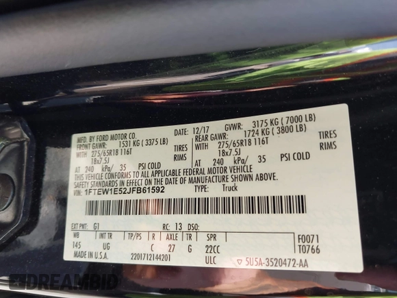 2018 Ford F-150 XL with VIN 1FTEW1E52JFB61592, listed as a IAAI auction lot 42682384 with 51,929 mi miles and . Bid and sale history available at DreamBid. Image 9.