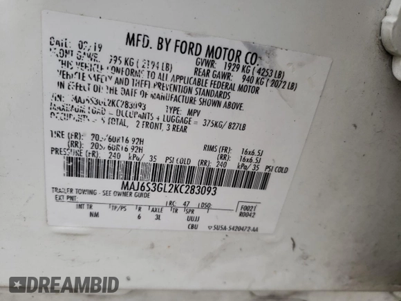 2019 Ford EcoSport SE z VIN MAJ6S3GL2KC283093, wystawiony jako Copart lot #84455354 z przebiegiem Nie podano mil oraz Nie do naprawy • Non repairable. Historia ofert i sprzedaży dostępna na DreamBid. Obrazek 12.