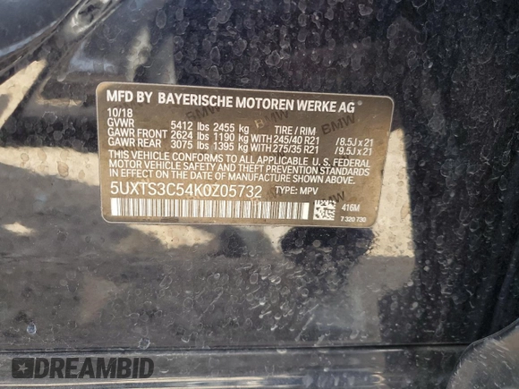 2019 BMW X3 M40i with VIN 5UXTS3C54K0Z05732, listed as a Copart auction lot 45658765 with 103,357 mi miles and Salvage Title. Bid and sale history available at DreamBid. Image 12.