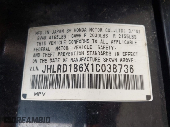 2001 Honda CR-V EX with VIN JHLRD186X1C038736, listed as a IAAI auction lot 42133407 with 222,378 mi miles. Bid and sale history available at carsss.com. Image 9.