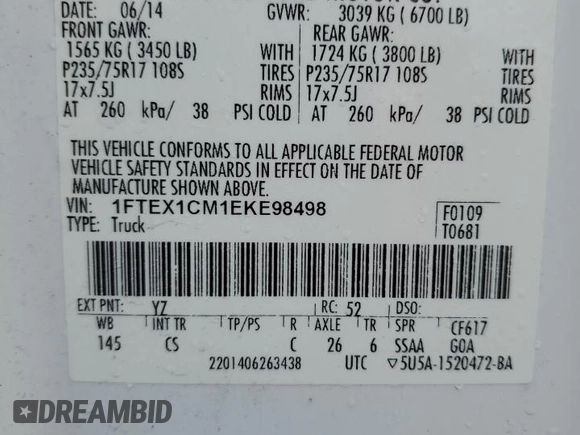 2014 Ford F-150 XL with VIN 1FTEX1CM1EKE98498, listed as a Copart auction lot 83595034 with 137,091 mi miles and Salvage title. Bid and sale history available at DreamBid. Image 12.
