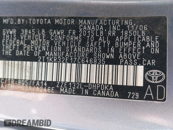 2007 Toyota Matrix STD z VIN 2T1KR32E17C646835, wystawiony jako IAAI lot #42243560 z przebiegiem 170 159 mil mil oraz . Historia ofert i sprzedaży dostępna na DreamBid. Obrazek 9.