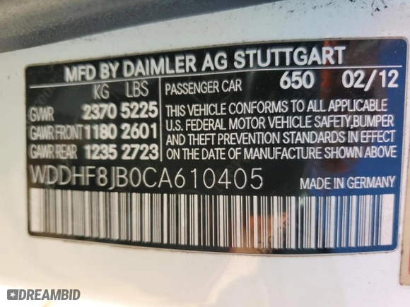 2012 Mercedes-Benz E-Class E 350 Luxury with VIN WDDHF8JB0CA610405, listed as a Copart auction lot 46695355 with 186,716 mi miles and Salvage Title. Bid and sale history available at carsss.com. Image 12.
