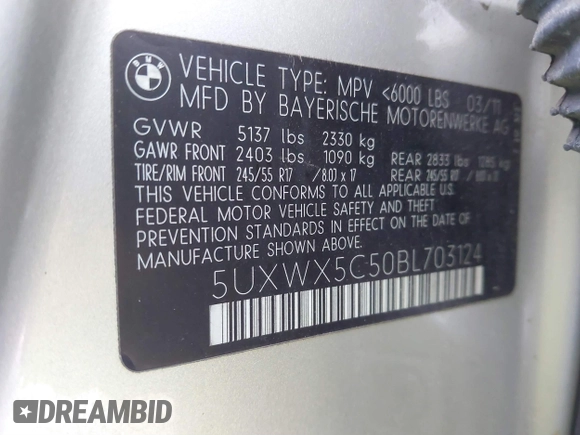 2011 BMW X3 28i with VIN 5UXWX5C50BL703124, listed as a IAAI auction lot 41563175 with 216,317 mi miles. Bid and sale history available at carsss.com. Image 9.