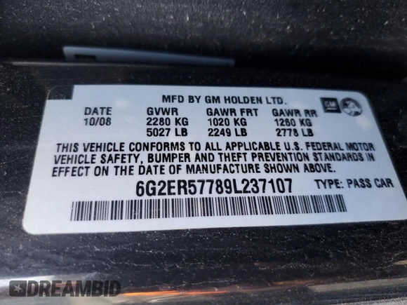 2009 Pontiac G8 z VIN 6G2ER57789L237107, wystawiony jako Copart lot #48974505 z przebiegiem 148 306 mil mil oraz Szkoda całkowita • Salvage title. Historia ofert i sprzedaży dostępna na DreamBid. Obrazek 12.