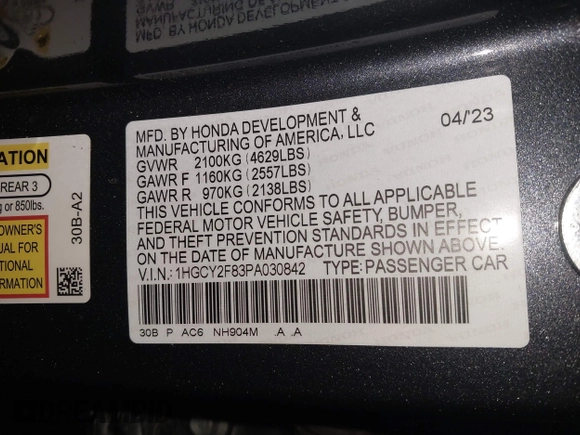 2023 Honda Accord Touring with VIN 1HGCY2F83PA030842, listed as a IAAI auction lot 41985611 with 39,728 mi miles and . Bid and sale history available at DreamBid. Image 9.