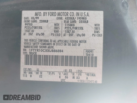 1999 Ford Ranger XL with VIN 1FTYR10CXXUB86884, listed as a IAAI auction lot 42749446 with 295,847 mi miles and . Bid and sale history available at DreamBid. Image 9.